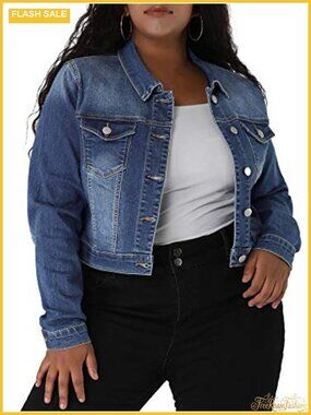 Plus Size Cropped Denim Jacket Women Button Up Long Sleeve